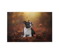 Puzzles, Puzzles pour Adultes, Puzzle Stimulant, 1000 pièces, Puzzle en Bois, Boston Terrier, Automne Bokeh, Chiens en forêt
