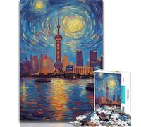 Puzzles Shanghai sous Le Ciel Nocturne pour Adultes 1000 pièces, Difficiles à compléter mais Amusants et Humoristiques avec Affiche et Feuille de Questions Assorties 38x26cm