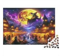 Puzzles Sorcière de 1000 pièces pour Adultes & Enfants Ville Halloween Pleine Lune Décoration d'Intérieur | Excellente Idée Cadeau 70x50cm/1000pcs