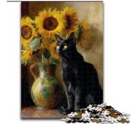 Puzzles Tournesol et Chat pour Adultes, Anti-Stress, Vacances à la Maison, avec Affiche et Fiche de Questions Assorties (50x75cm)