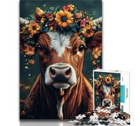 Puzzles Vache Fleurie pour Adultes 1000 Puzzles, Jeu Familial Anti-Stress Défi Difficile Cadeaux Secrets du Père Noël 38x26cm