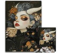 Puzzles Witchcore Tea Time avec Chat Noir 1000 pièces pour Adultes pour la fête des mères Les Anniversaires Noël. 1000 pièces (75 x 50 cm).
