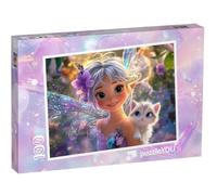 puzzleYOU : Puzzle de 100 pièces « Fée pailletée Violette avec Son Chat Mignon »