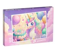 puzzleYOU : Puzzle de 100 pièces « La Licorne Bella fête Son Anniversaire avec Un gâteau et des Ballons »