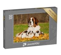 puzzleYOU : Puzzle de 100 pièces « Saint-Bernard avec Chiots en Automne »