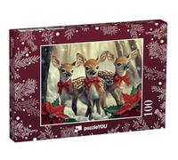 puzzleYOU : Puzzle de 100 pièces « Trois faons avec des Rubans Rouges dans la forêt de Noël »