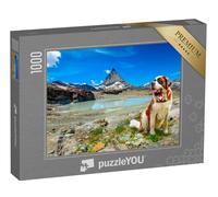 puzzleYOU : Puzzle de 1000 pièces « Chien de Sauvetage Saint-Bernard avec tonneau d'alcool Devant Les Alpes, Zermatt »
