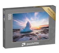 puzzleYOU : Puzzle de 1000 pièces « Le Froid de l'hiver : Geyser Strokkur avec lumière du Soleil dans la Vapeur, Islande »