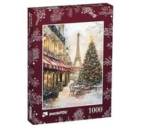 puzzleYOU : Puzzle de 1000 pièces « Noël à Paris : Aquarelle avec Sapin de Noël et Tour Eiffel »