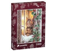 puzzleYOU : Puzzle de 1000 pièces « Période de Noël : Un Chaton Regarde par la fenêtre hivernale »