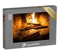 puzzleYOU : Puzzle de 1000 pièces « Vieux Livre avec Une Paire de Lunettes Devant Une cheminée, feu crépitant »