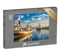 puzzleYOU : Puzzle de 200 pièces « Bateaux de pêche dans Le Port au Coucher du Soleil, Ville de Husavik, Islande »