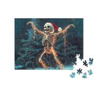 puzzleYOU : Puzzle de 200 pièces « Squelette de Père Noël Dansant avec Un Bonnet de Père Noël dans Une forêt hivernale »