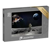 puzzleYOU : Puzzle de 200 pièces « Surface Lunaire avec Astronaute et Vaisseau Spatial en Train d'atterrir »