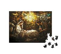 puzzleYOU : Puzzle de 200 pièces « Vitrail : scène de la crèche de Noël avec Jésus, Marie et Joseph »