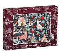 puzzleYOU : Puzzle de 2000 pièces « Design de Papier Cadeau : Rennes, Maisons, arbustes, Boules de Noël »
