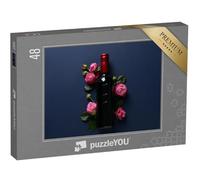 puzzleYOU : Puzzle de 48 pièces « Bouteille de vin Rouge décorée de Roses »