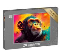 puzzleYOU : Puzzle de 48 pièces « Portrait de chimpanzé en Coups de Pinceau colorés de la Jungle »