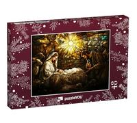 puzzleYOU : Puzzle de 48 pièces « Vitrail : scène de la crèche de Noël avec Jésus, Marie et Joseph »
