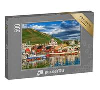 puzzleYOU : Puzzle de 500 pièces « Belle Vue sur la Ville Historique de Husavik avec des Bateaux de pêche, Islande »