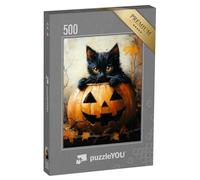 puzzleYOU : Puzzle de 500 pièces « Chat Noir dans Une Citrouille Halloween »