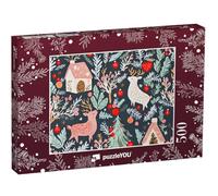 puzzleYOU : Puzzle de 500 pièces « Design de Papier Cadeau : Rennes, Maisons, arbustes, Boules de Noël »