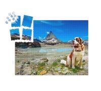 puzzleYOU : Smart Sorted® | Puzzle Photo 1000 pièces « Chien de Sauvetage Saint-Bernard avec tonneau d'alcool Devant Les Alpes, Zermatt »