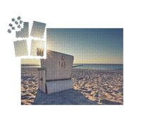 puzzleYOU : Smart Sorted® | Puzzle Photo 1000 pièces « Coucher de Soleil avec Une Chaise de Plage Blanche sur la mer Baltique »