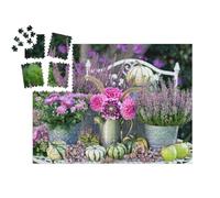 puzzleYOU : Smart Sorted® | Puzzle Photo 1000 pièces « Décoration de Jardin à Base de Dahlias Roses, de Fleurs d'automne et de citrouilles »