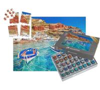 puzzleYOU : Smart Sorted® | Puzzle Photo 1000 pièces « Port d'Oia à Santorin avec Deux Bateaux de pêche, mer Égée, Grèce »