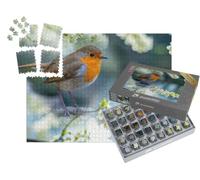 puzzleYOU : Smart Sorted® | Puzzle Photo 1000 pièces « Rouge-Gorge sur Une Branche à Fleurs Blanches »