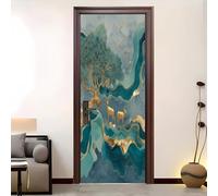 PVC Amovible Imperméable Autocollant Porte 73 x 205 cm L'Art Du Paysage Chinois 3D Stickers Porte Faciles à Appliquer Peinture Murale Bleu-Vert Pour Chambre à Coucher Salon Salle
