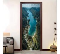 PVC Amovible Imperméable Autocollant Porte 73 x 205 cm Paysages De ForêT Et De Montagne 3D Stickers Porte Faciles à Appliquer Peinture Murale Vert Pour Chambre à Coucher Salon Salle