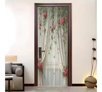 PVC Amovible Imperméable Autocollant Porte 73 x 205 cm Rideau De Gaze Romantique Avec Roses 3D Stickers Porte Faciles à Appliquer Peinture Murale Blanc Pour Chambre à Coucher Salon Salle