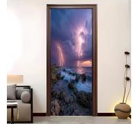 PVC Amovible Imperméable Autocollant Porte 73 x 205 cm Tonnerre Et éClairs Au Bord De La Mer 3D Stickers Porte Faciles à Appliquer Peinture Murale Rose Violet Pour Chambre à Coucher Salon Salle