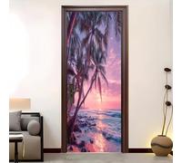 PVC Amovible Imperméable Autocollant Porte 77 x 200 cm Coucher De Soleil Tropical En Bord De Mer 3D Stickers Porte Faciles à Appliquer Peinture Murale Rose Violet Pour Chambre à Coucher Salon Salle