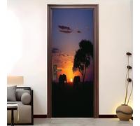 PVC Amovible Imperméable Autocollant Porte 77 x 200 cm Silhouette D'éLéPhant Au Coucher Du Soleil 3D Stickers Porte Faciles à Appliquer Peinture Murale Violet Clair Pour Chambre à Coucher Salon Salle