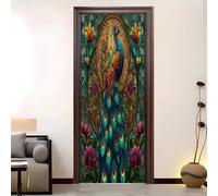 PVC Amovible Imperméable Autocollant Porte 83 x 205 cm Fleurs De Paon Animal 3D Stickers Porte Faciles à Appliquer Peinture Murale Coloré Pour Chambre à Coucher Salon Salle