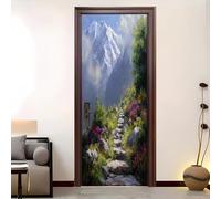 PVC Amovible Imperméable Autocollant Porte 95 x 205 cm Route De Pierre Dans La ForêT De Montagne 3D Stickers Porte Faciles à Appliquer Peinture Murale Vert Pour Chambre à Coucher Salon Salle
