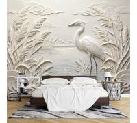 PVC Papier Peint Adhésif 3D en Relief, Motif Héron Roseaux, 180 x 280 cm, Amovible Imperméable, pour la Décoration Murale Moderne de Votre Salon Ou Chambre.