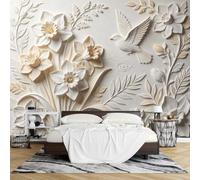 PVC Papier Peint, Papier Peint Adhésif 3D en Relief 280 x 159 cm Motif Jonquille Colombe Effet Relief Amovible Imperméable Idéal pour Décorer Un Mur D'Accent Dans Un Salon Ou Une Chambre.