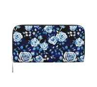 pvinnk Portefeuille à main en cuir élégant avec motif fleurs bleues pour femmes, grande capacité, style décontracté, prêt à voyager, noir, One Size, Art