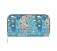 pvinnk Portefeuille en cuir élégant avec imprimé carte de la Grèce pour femme Grand portefeuille décontracté Prêt à voyager, noir, One Size, Art