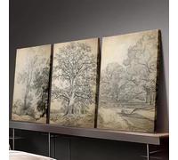 PVPQPR Ensemble de 3 toiles décoratives murales,style champêtre moderne,croquis de chêne et de forêt,décoration murale vintage neutre,60 x 80 cm (24 x 31 pouces),avec cadre
