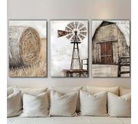PVPQPR Ensemble de 3 toiles décoratives,style ferme rustique vintage,moulin à vent,grange et champ de maïs (70 x 100 cm x 3,sans cadre)