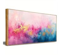 PVPQPR Tableau abstrait moderne sur toile,aux couleurs pastel rose,bleu,doré et violet,encadré,format horizontal,décoration murale pour salon (65 x 130 cm(26 x 51 pouces),avec cadre doré)