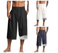 pvucpot Pantalon Japonais Homme Court en Lin, Baggy Pantalon Taro Traditionnel avec Cordon de Serrage, Vêtements Authentiques Japonais