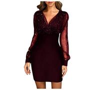 pvucpot Robe De Soiree Femme Sexy Paillette Robes Courtes Taille Haute Col V Elegant Cocktail Bridesmaid Wedding Women Dresses Transparente Tulle Manche Longue Vintage Dress Femmes