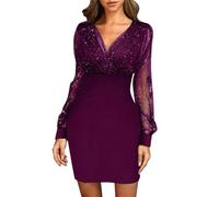 pvucpot Robe De Soiree Femme Sexy Paillette Robes Courtes Taille Haute Col V Elegant Cocktail Bridesmaid Wedding Women Dresses Transparente Tulle Manche Longue Vintage Dress Femmes