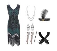 pvucpot Robe Gatsby - Robe de soirée années 1920 pour femme,V Neck Sequin Beaded Fringed Dress with 20s Accessories Set,Vintage Robe Sequins Femme à Franges pour Fête,Carnaval,Mascarade
